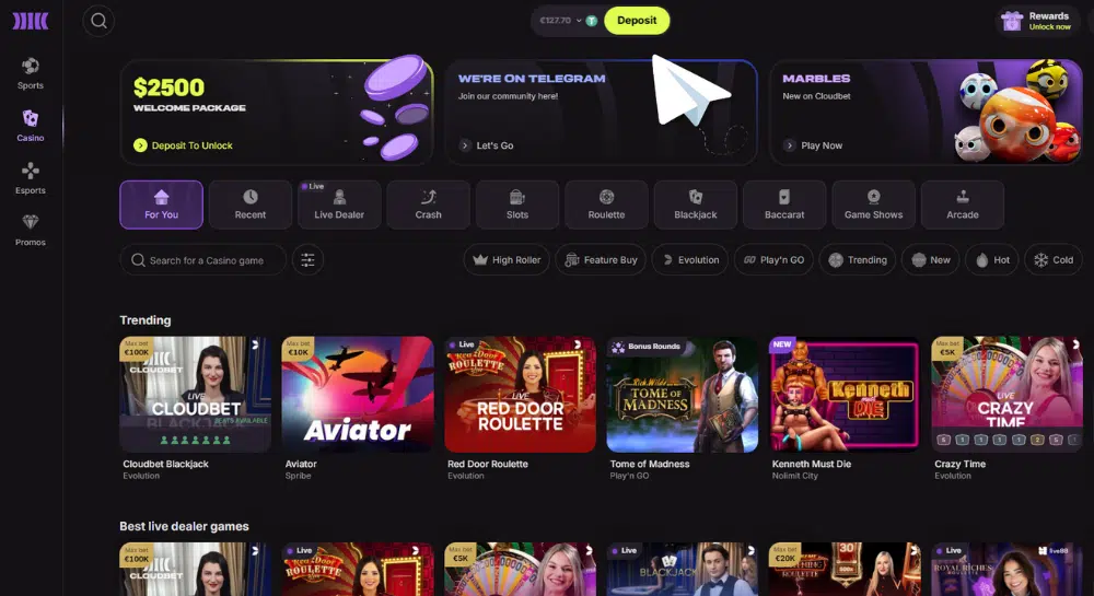 Cloudbet Casino Homepage